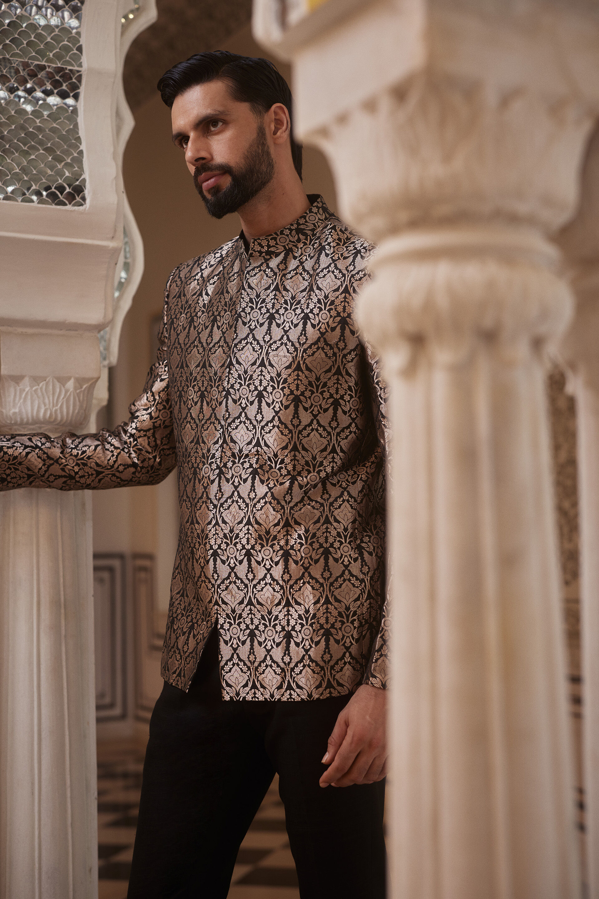 Swarank Handwoven Benarasi Silk Bandhgala - Black, Black, image 3